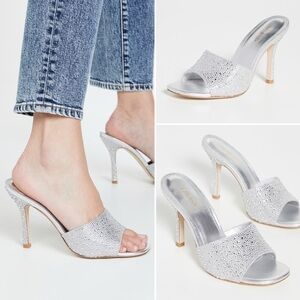 Larroude Colette Crystal & Suede Mule Heels w. Rhinestones in Silver Gray 9